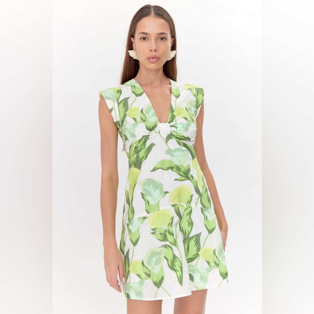 Adelyn Rae White Mini Dress with Light Green Leaf Print